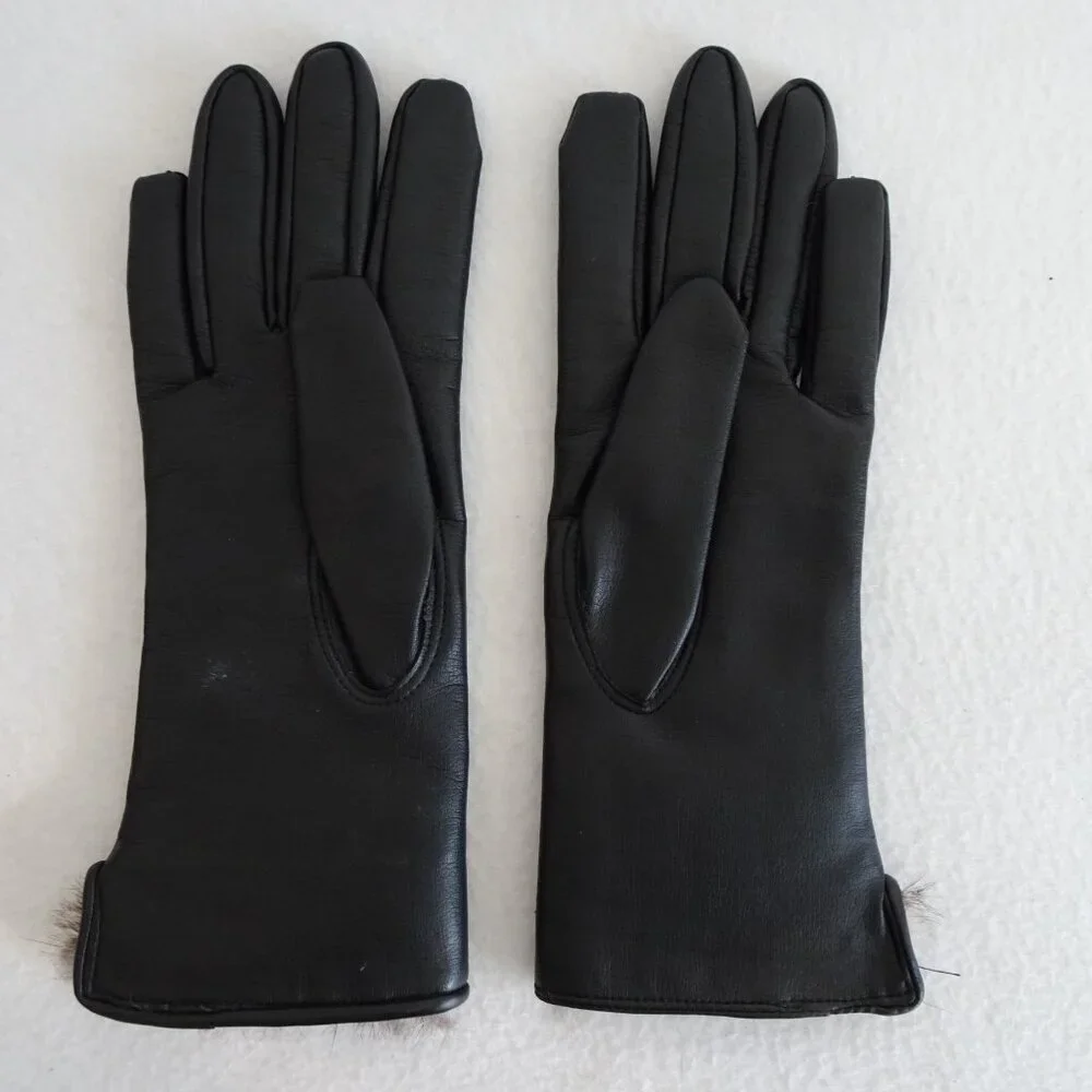 Vintage Women’s Faux Black Leather Fur Lined Gloves Size 7 to 8 1/2 S/M